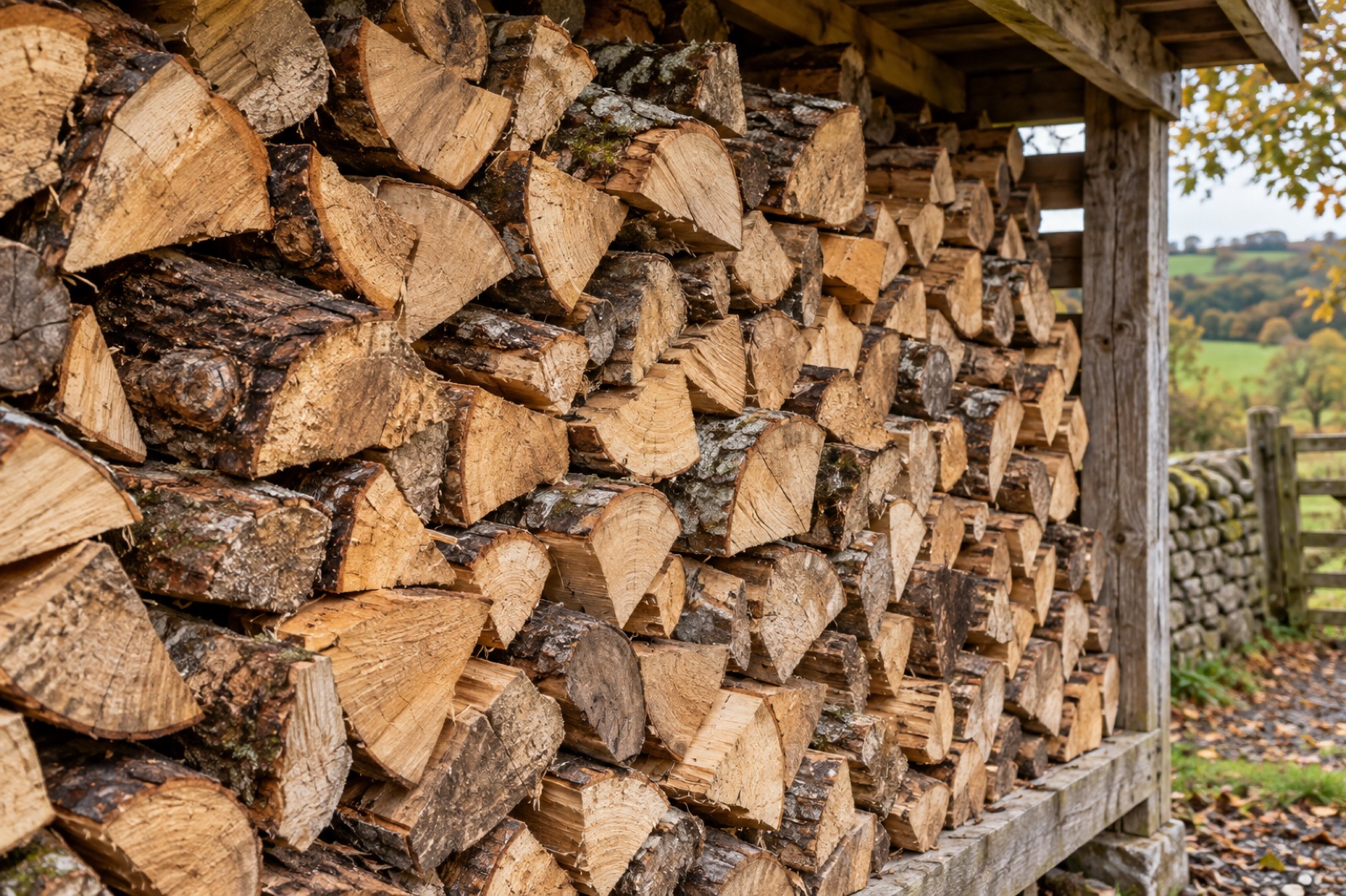 Illustrative image of split firewood stacked in a rustic timber log store